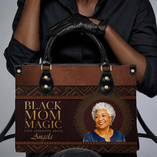 Customized leather tote bag displaying a woman's portrait and Black Mom Magic quote, ideal for personalized mom gifts