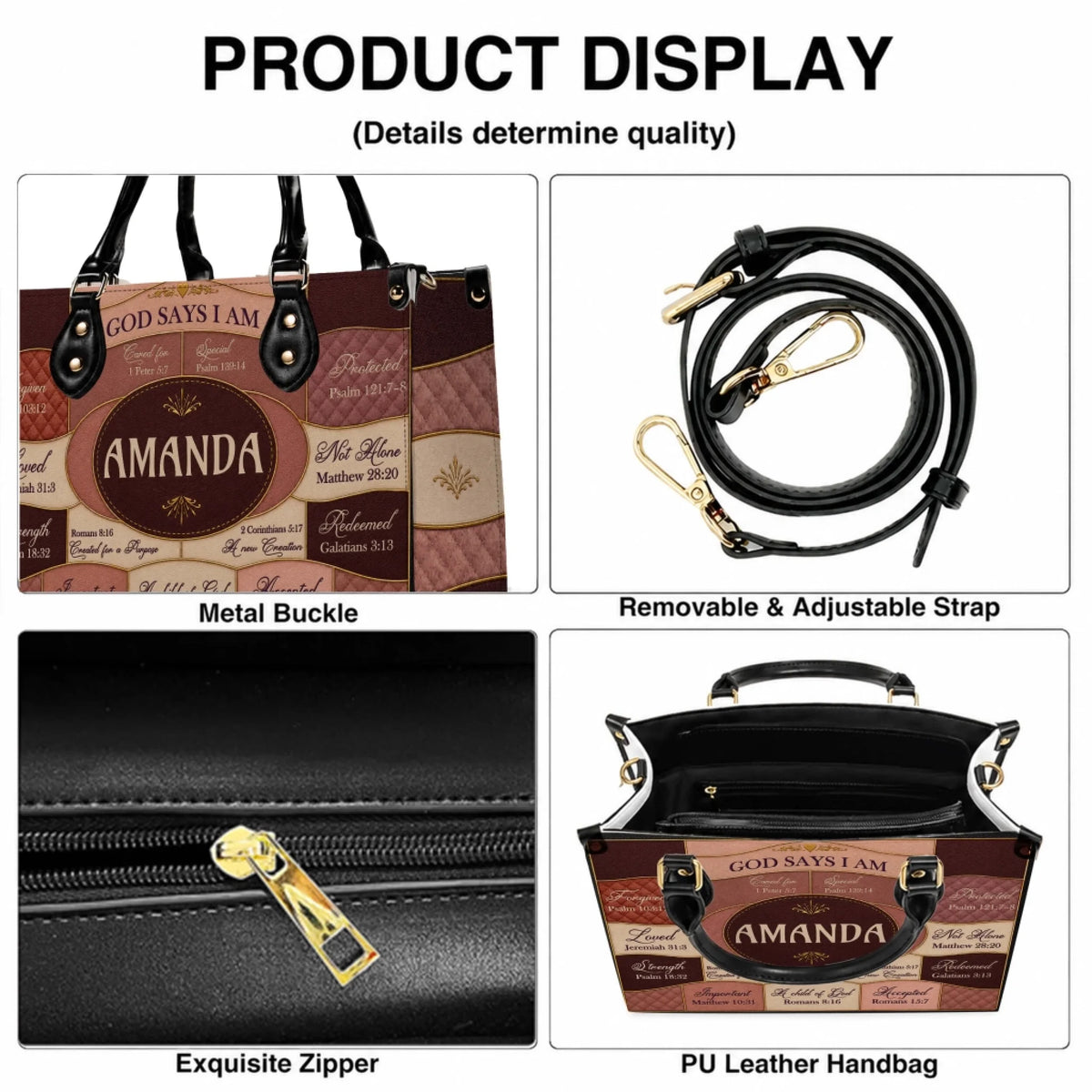 Product features of a personalized faith-themed leather handbag including a removable adjustable strap and high quality zipper.