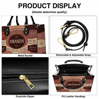 Product features of a personalized faith-themed leather handbag including a removable adjustable strap and high quality zipper.