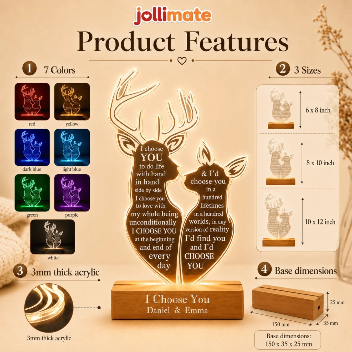 Product features chart showing customizable deer LED night light with 7 color options, sizes, and base dimensions.