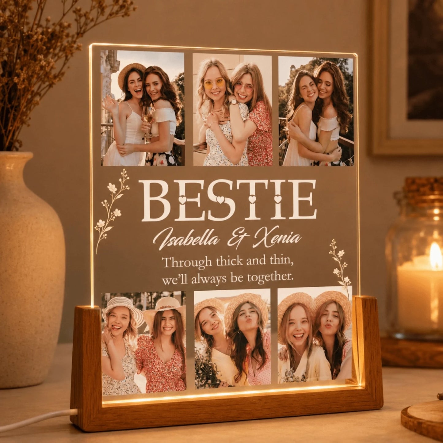 Personalized best friend photo night light with engraved names Isabella and Xenia on a wooden LED lamp base.