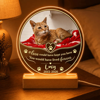 Lighted acrylic cat memorial plaque with a custom photo, the name Lucy, and commemorative dates, ideal for pet loss sympathy gifts.