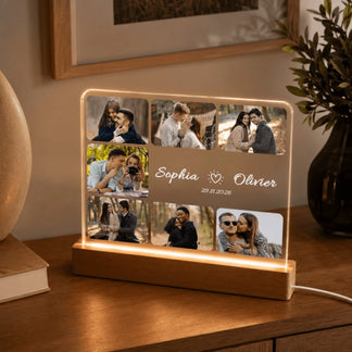 Engraved LED acrylic night light displaying multiple couple photos with personalized names and date, perfect romantic gift.