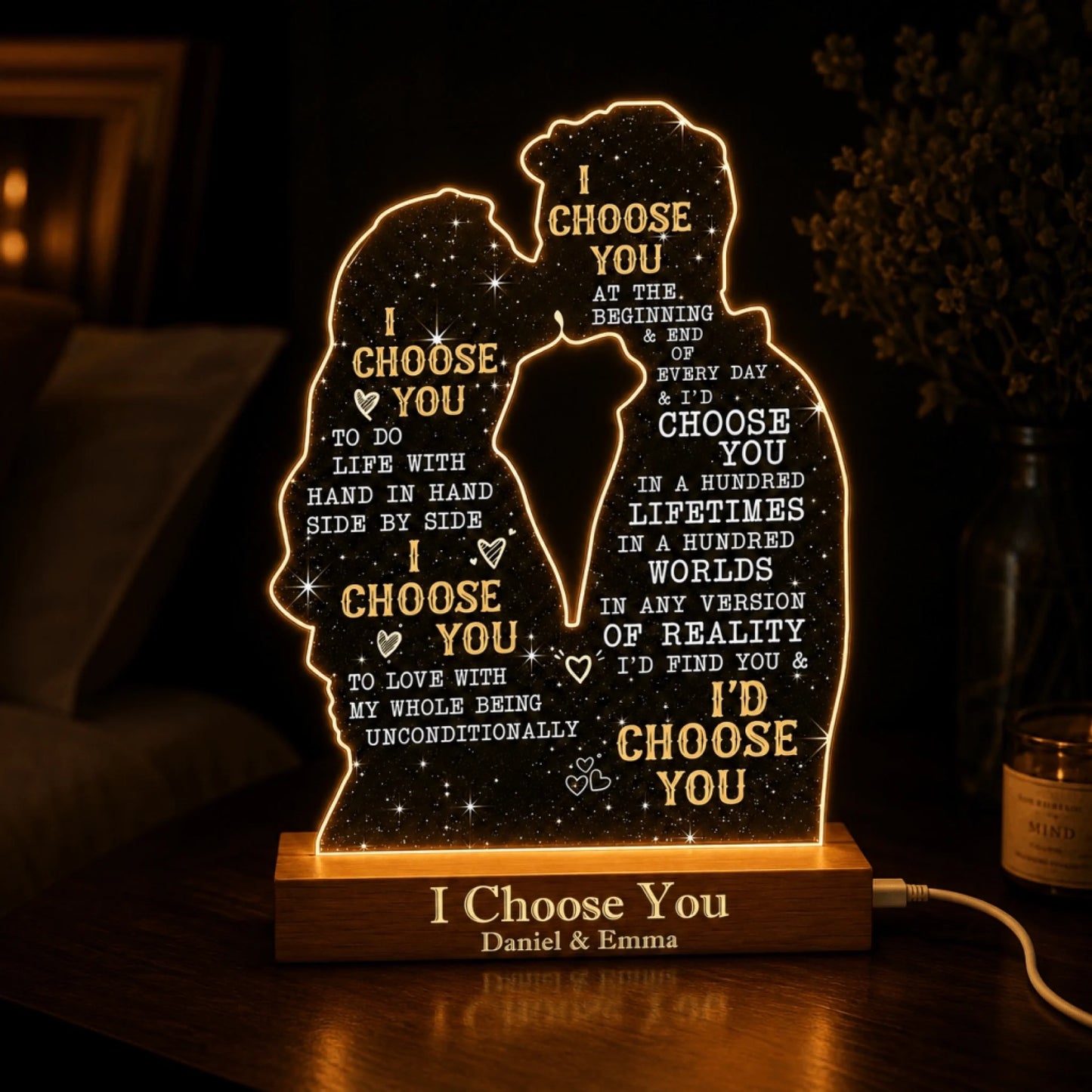 Romantic acrylic lamp for couples with engraved names and heartfelt I Choose You message for an anniversary gift.
