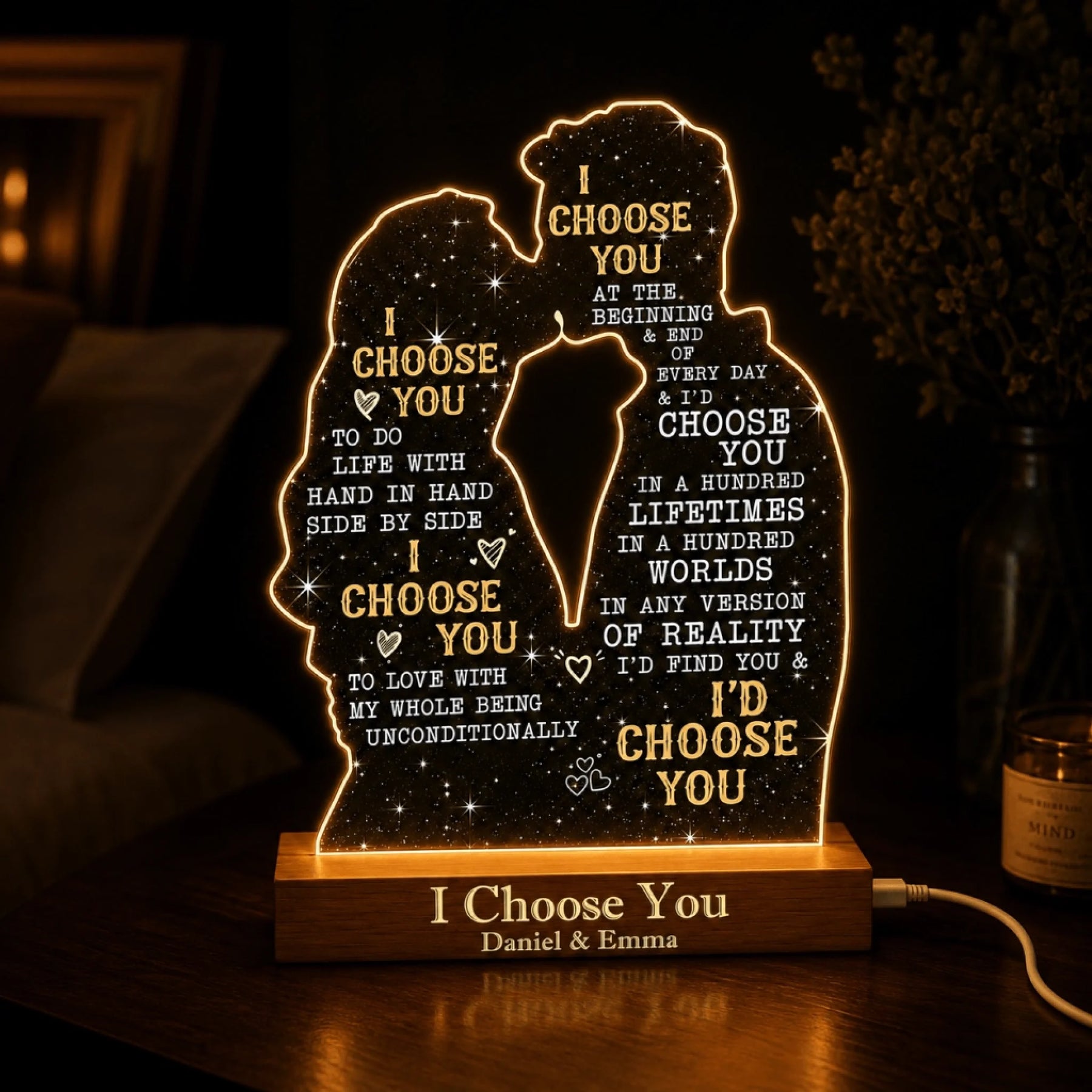 Romantic acrylic lamp for couples with engraved names and heartfelt I Choose You message for an anniversary gift.