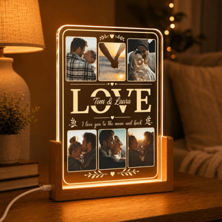 Personalized LED night light with a six-photo collage and custom names Tom and Laura, perfect for romantic gifting.