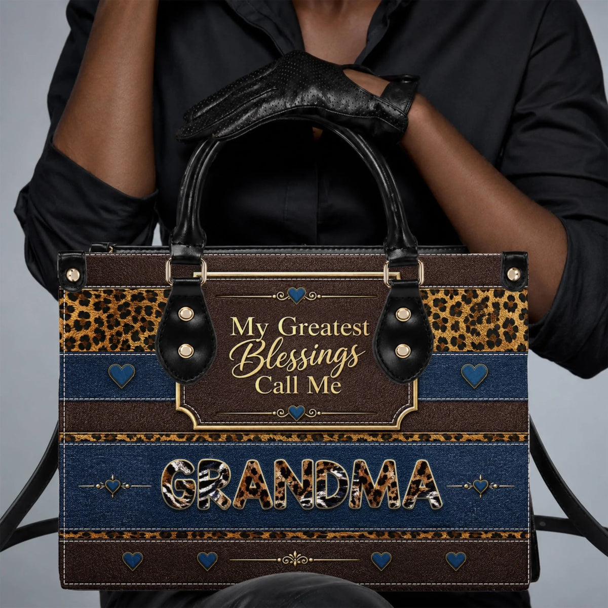 Fashionable leopard print handbag with blue stripes and hearts personalized with the text My Greatest Blessings Call Me Grandma.