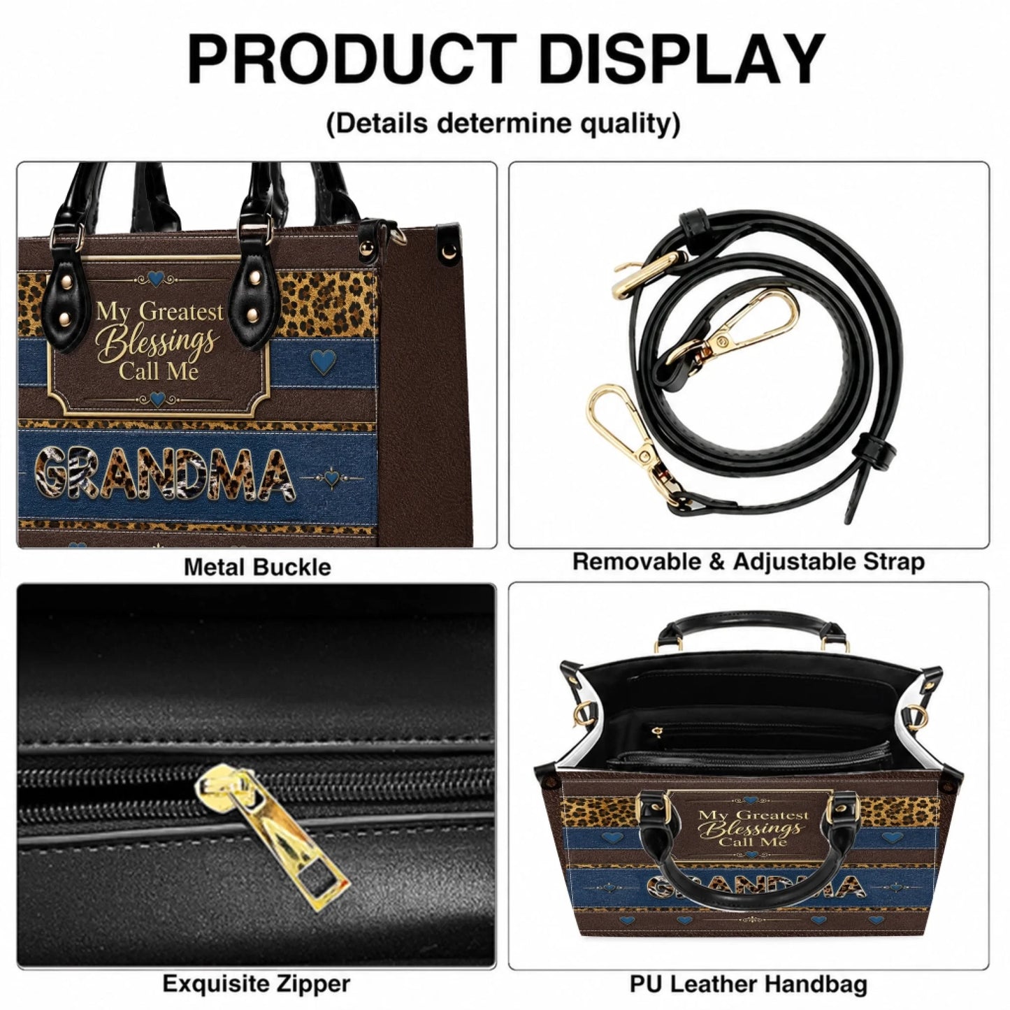 Features of a custom Grandma leopard print handbag including a removable adjustable strap and high quality metal zipper.