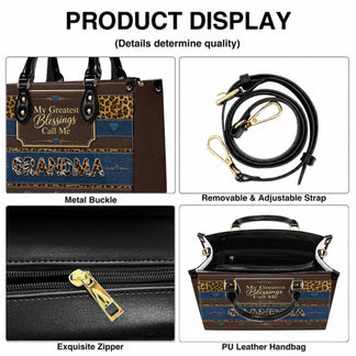 Features of a custom Grandma leopard print handbag including a removable adjustable strap and high quality metal zipper.
