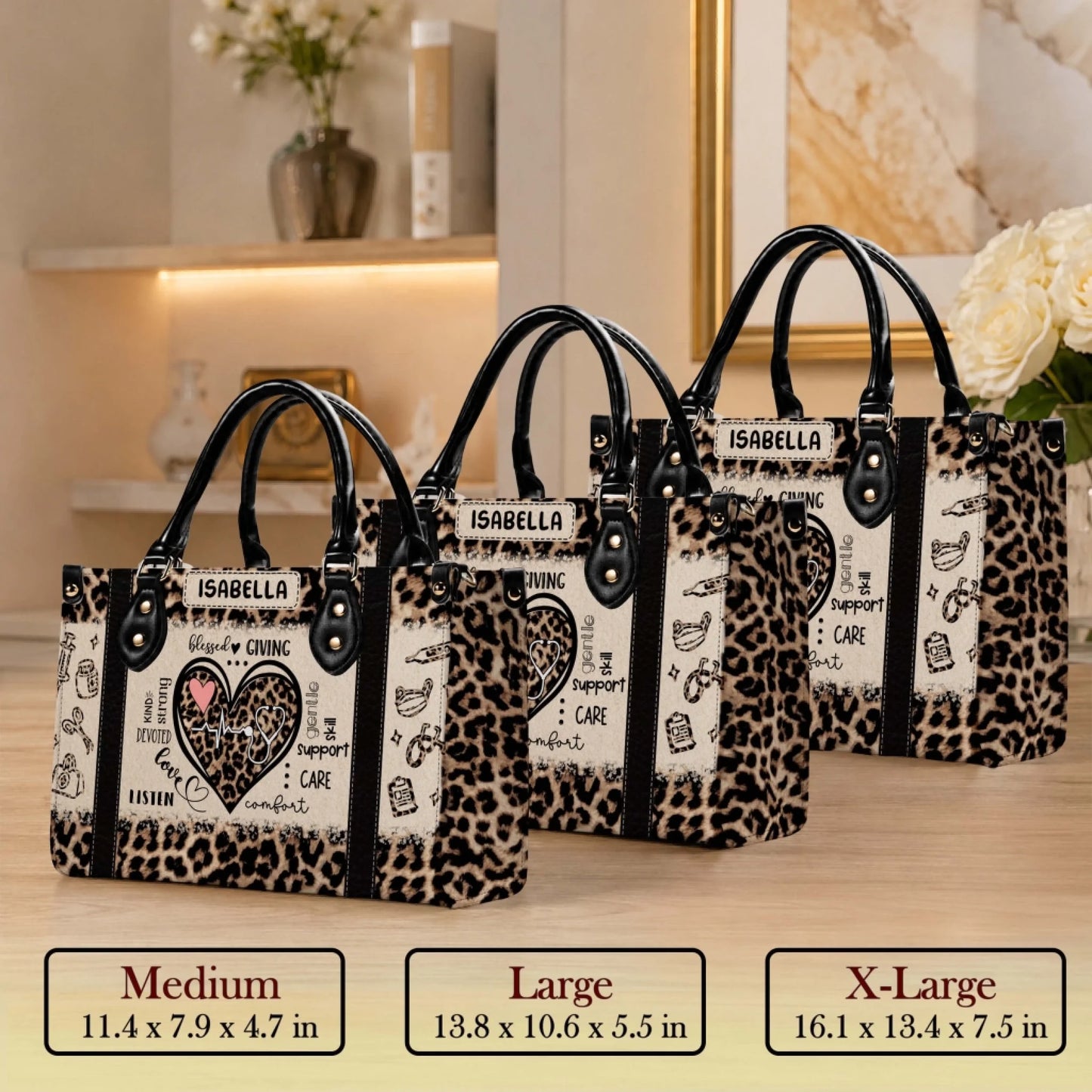 Three sizes of personalized leopard print tote bags for nurses with medical icons and custom name Isabella displayed on each.