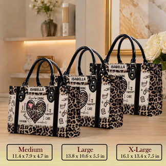 Three sizes of personalized leopard print tote bags for nurses with medical icons and custom name Isabella displayed on each.