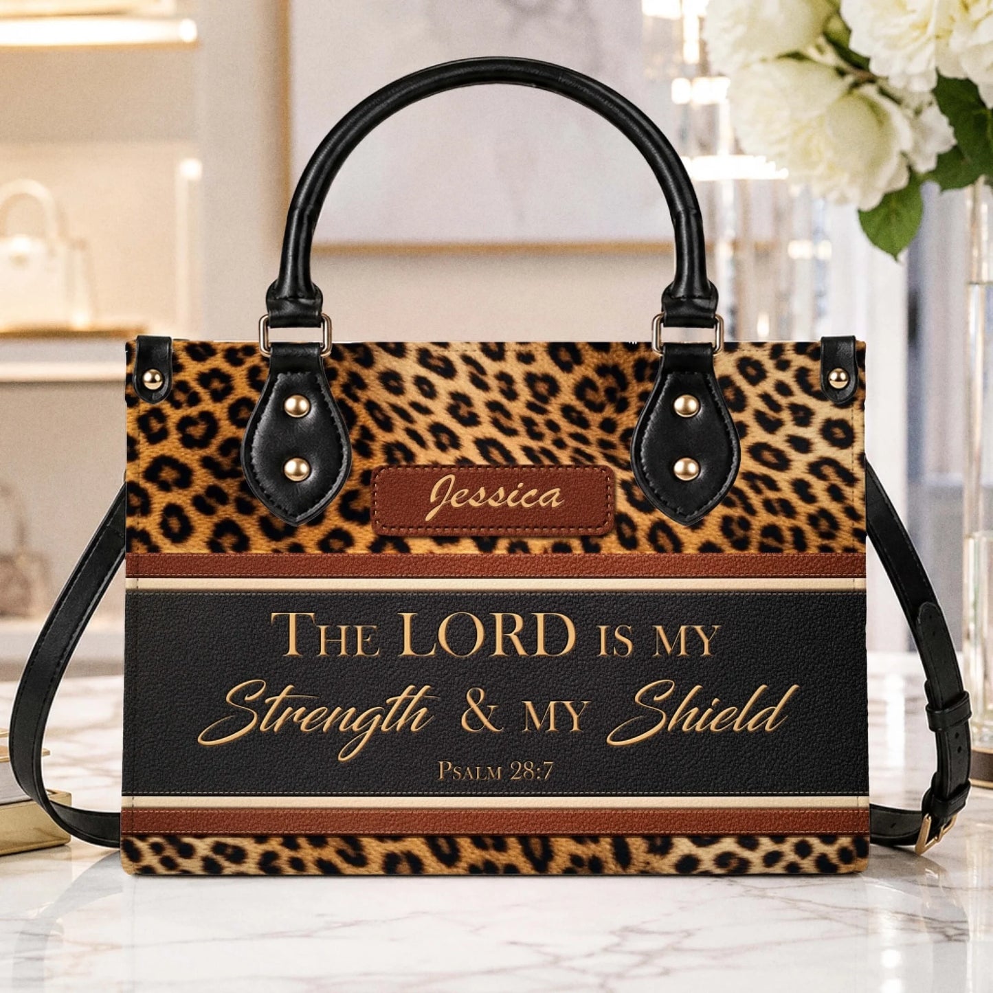 Custom leopard print tote bag with a faith inspired religious quote and name personalization for a thoughtful gift.
