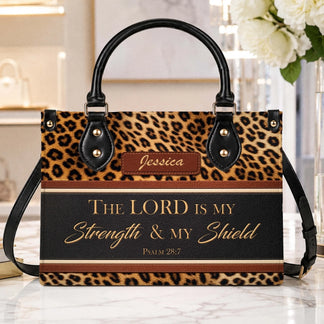 Custom leopard print tote bag with a faith inspired religious quote and name personalization for a thoughtful gift.