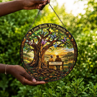 Hanging acrylic suncatcher depicting a serene nature scene with butterflies and personalized text perfect for a home decor gift.