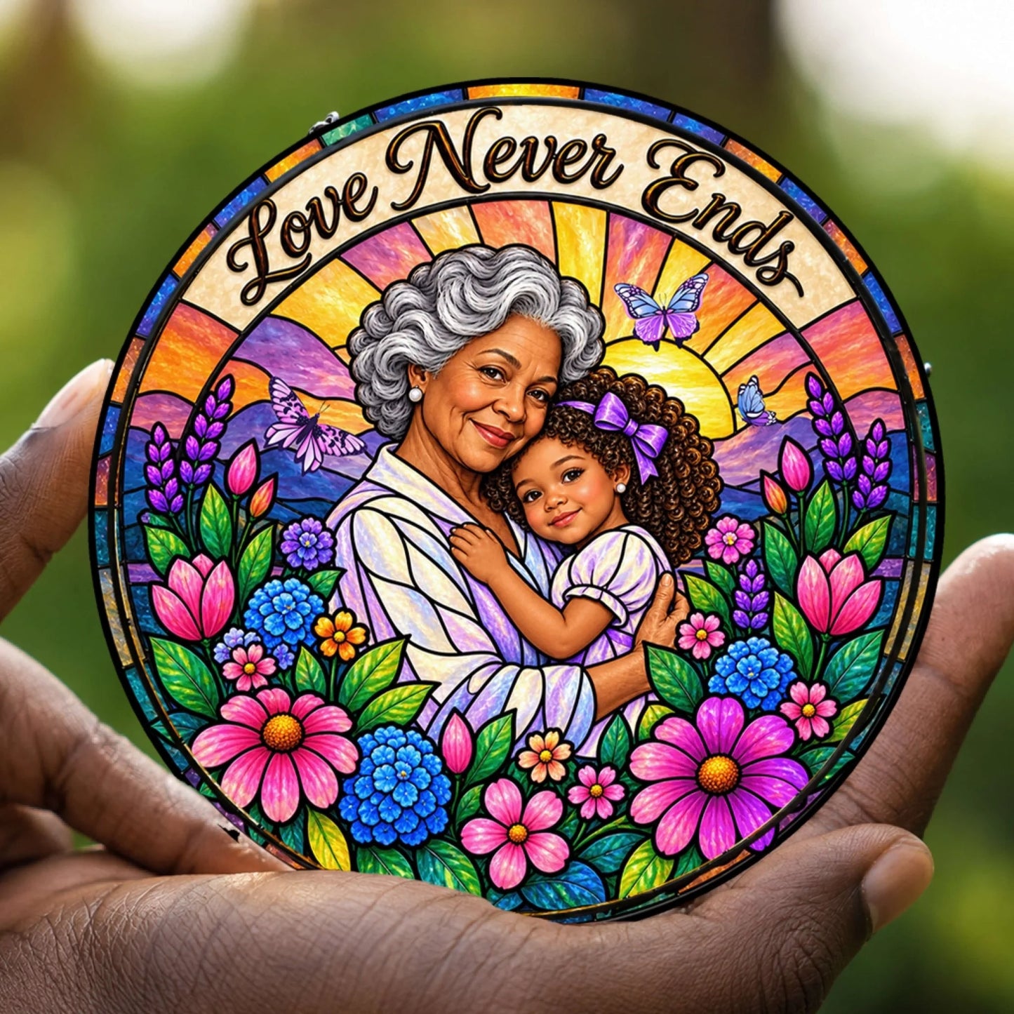 Handheld personalized stained glass suncatcher featuring a grandmother and granddaughter with floral designs.