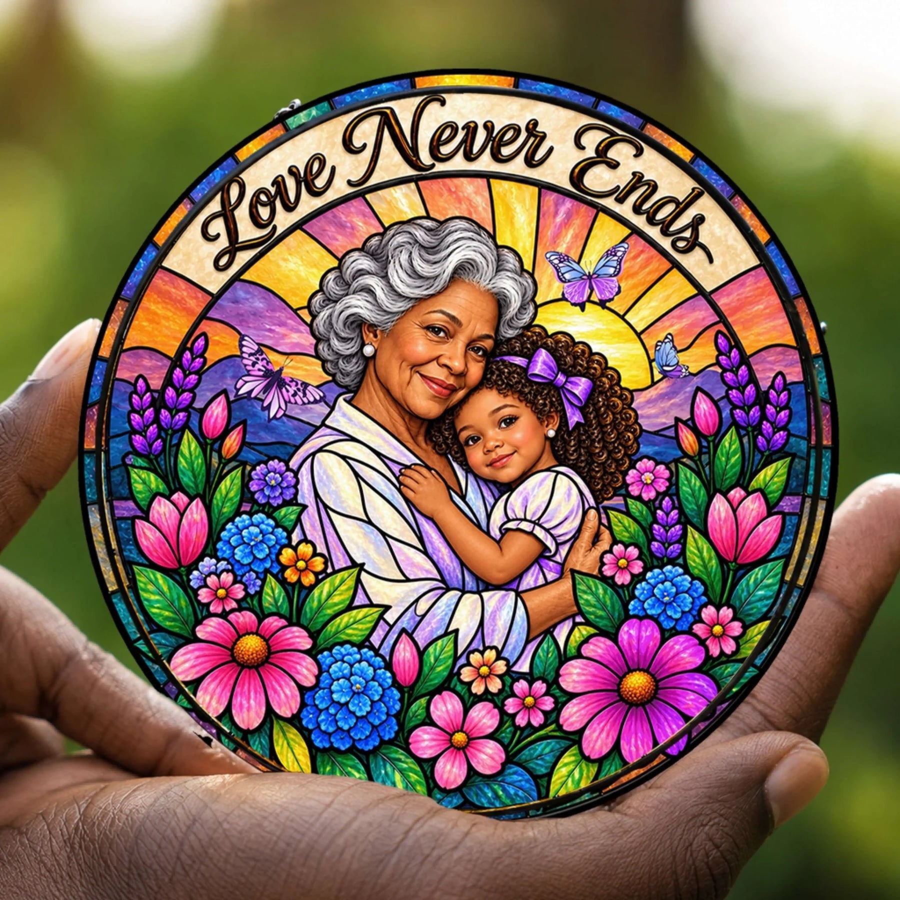 Handheld personalized stained glass suncatcher featuring a grandmother and granddaughter with floral designs.