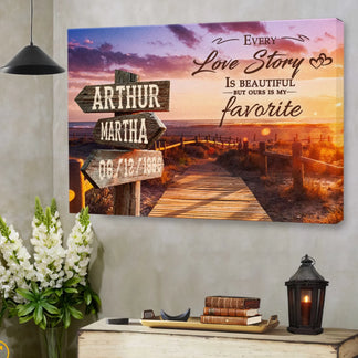 A personalized canvas art piece with a romantic beach sunset background, custom names, and date, perfect for anniversary home decor.