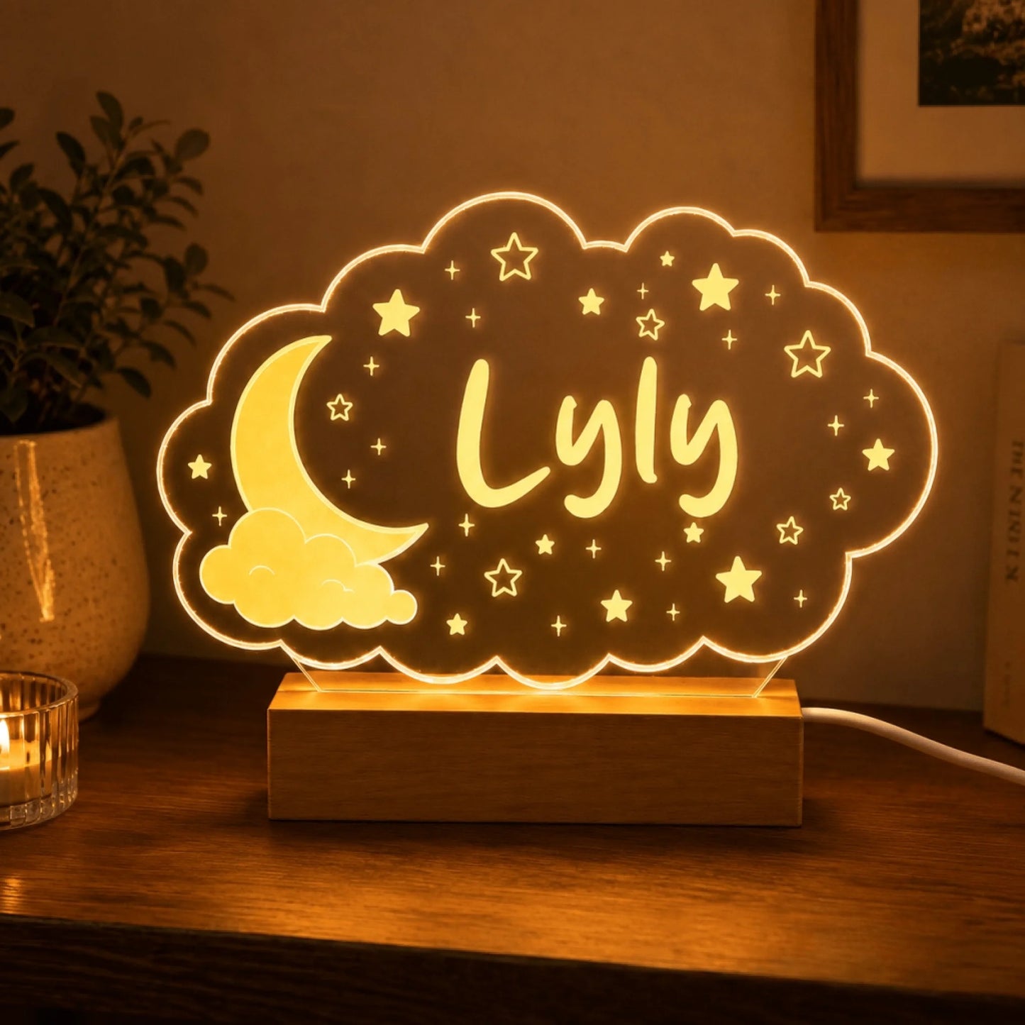Personalized cloud-shaped LED night light with the name Lyly, perfect for a child's nursery or bedroom decor.