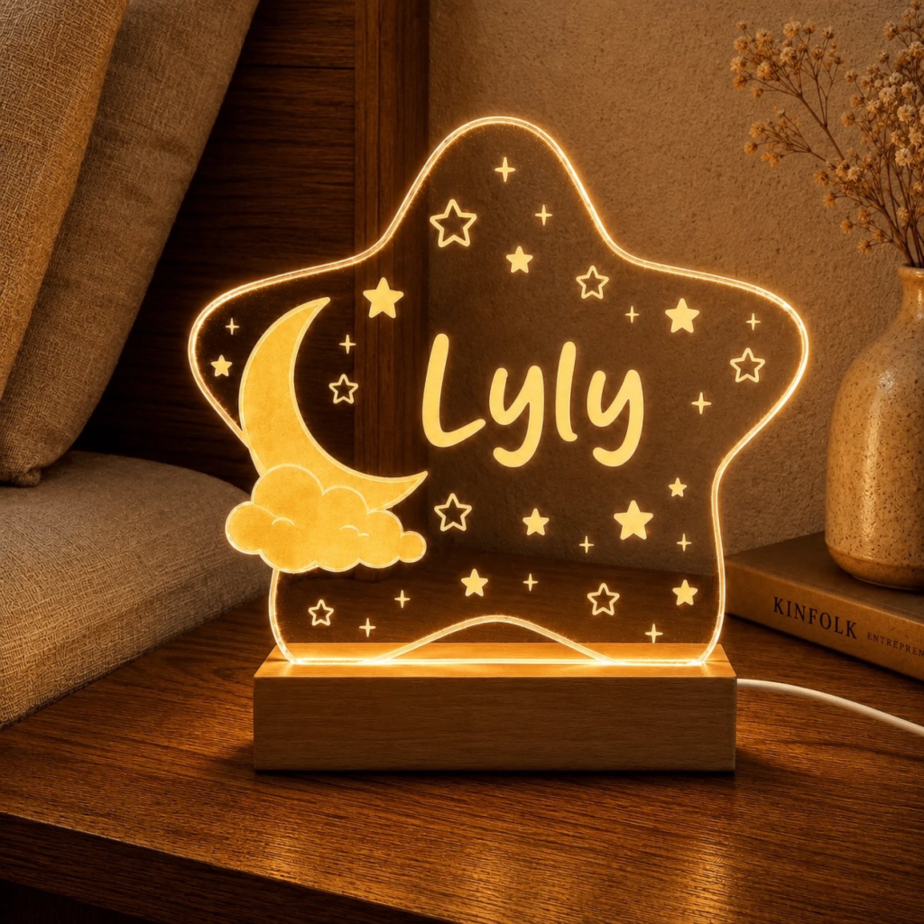Personalized star-shaped LED night light featuring the name Lyly, a charming custom decor piece for a nursery.