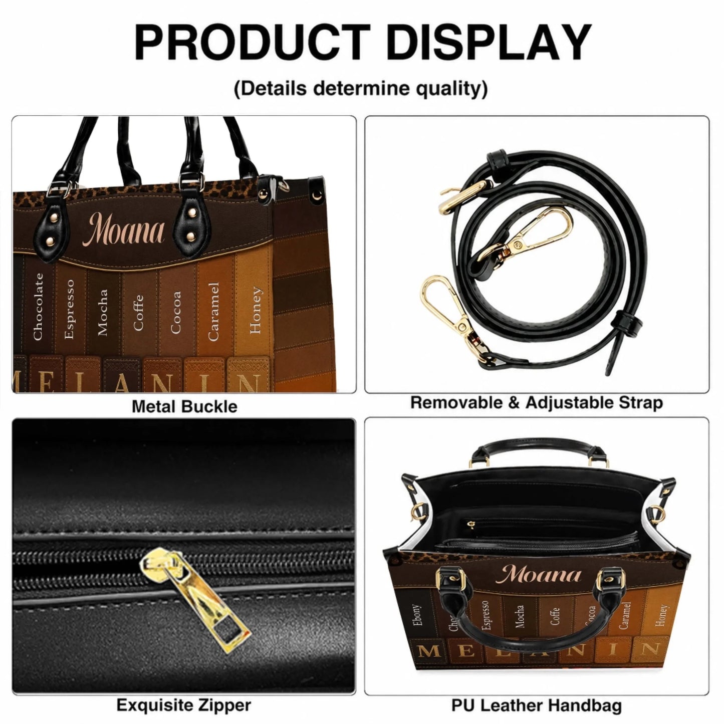 Product feature details of the custom melanin leather handbag showing the zipper, adjustable strap, and buckles.