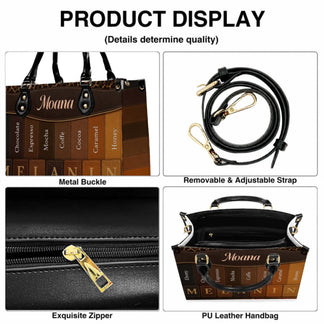 Product feature details of the custom melanin leather handbag showing the zipper, adjustable strap, and buckles.