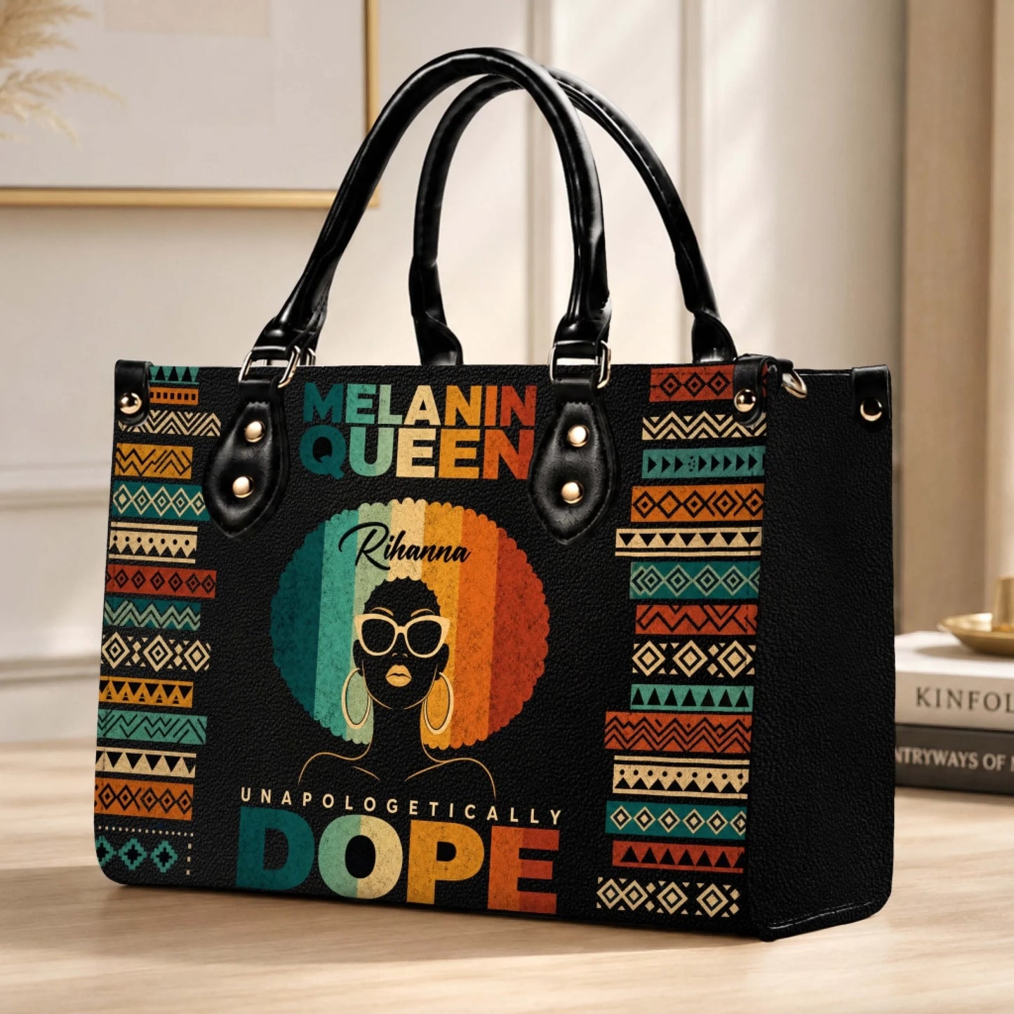 Stunning Melanin Queen personalized handbag with Rihanna name and stylish afro illustration for black women gift.