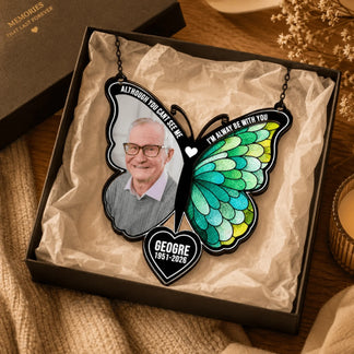 Personalized butterfly acrylic suncatcher memorial gift with photo and heartfelt quote, presented in a gift box.