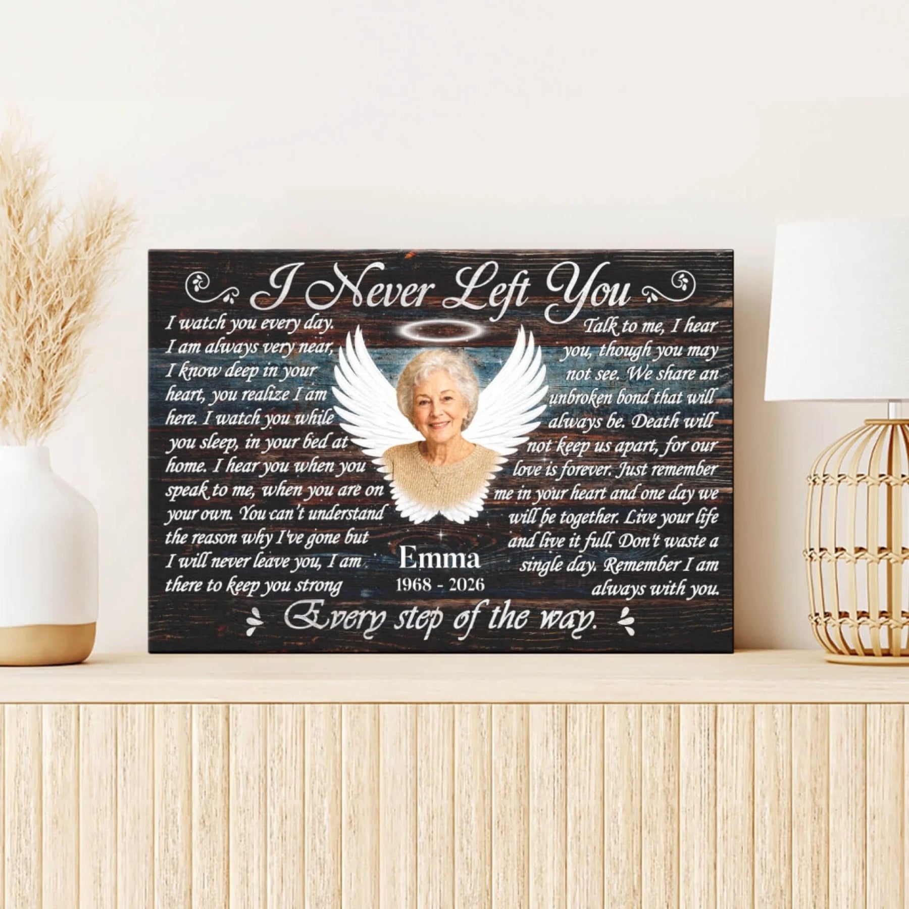 Personalized memorial canvas with angel theme, name, dates, and sympathy poem for a meaningful loss of a loved one gift.
