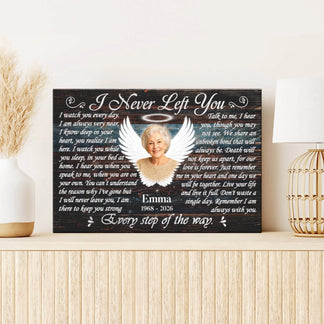 Personalized memorial canvas with angel theme, name, dates, and sympathy poem for a meaningful loss of a loved one gift.