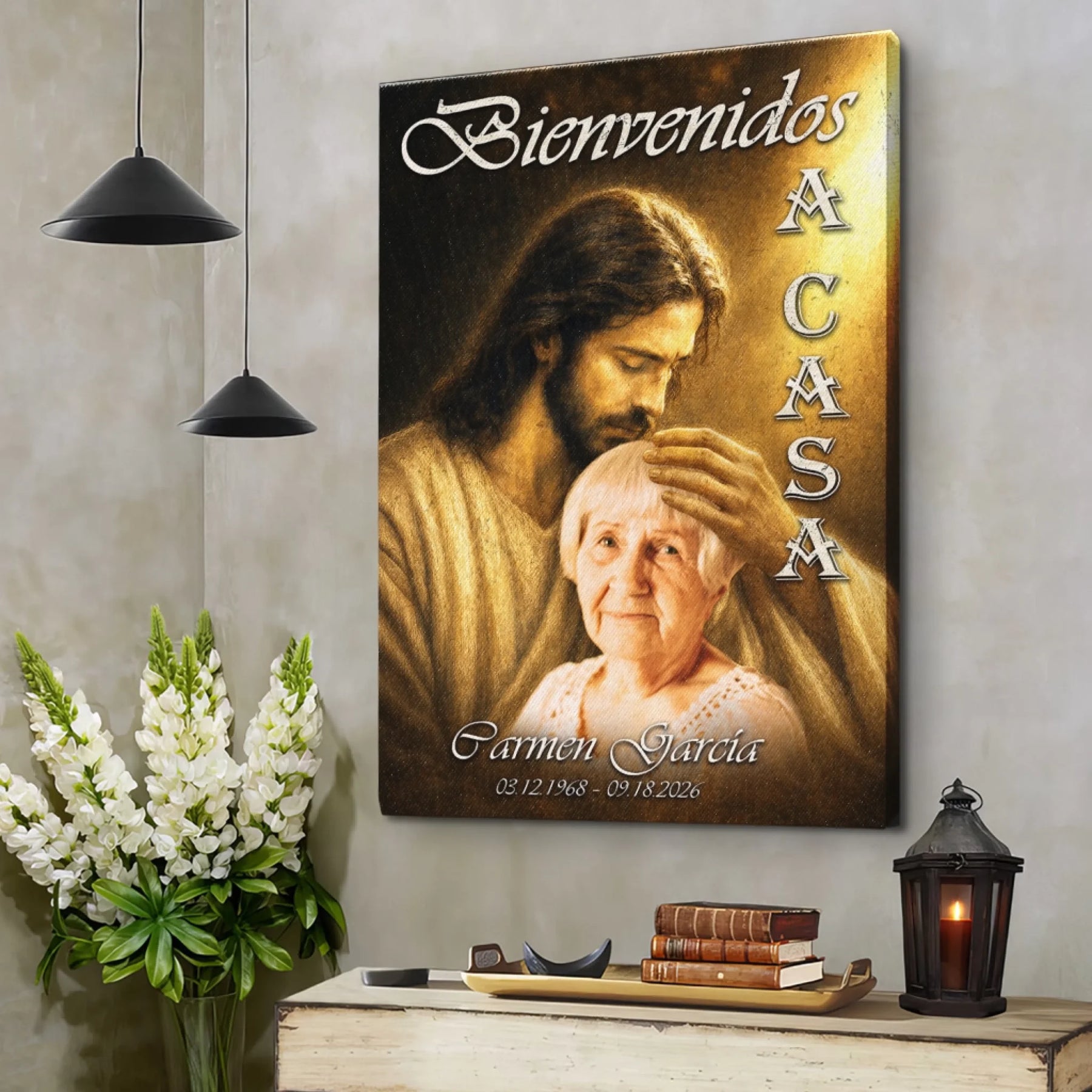 Personalized wall art featuring Jesus comforting a loved one perfect for a memorial or celebration of life gift.