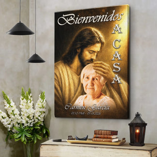 Personalized wall art featuring Jesus comforting a loved one perfect for a memorial or celebration of life gift.