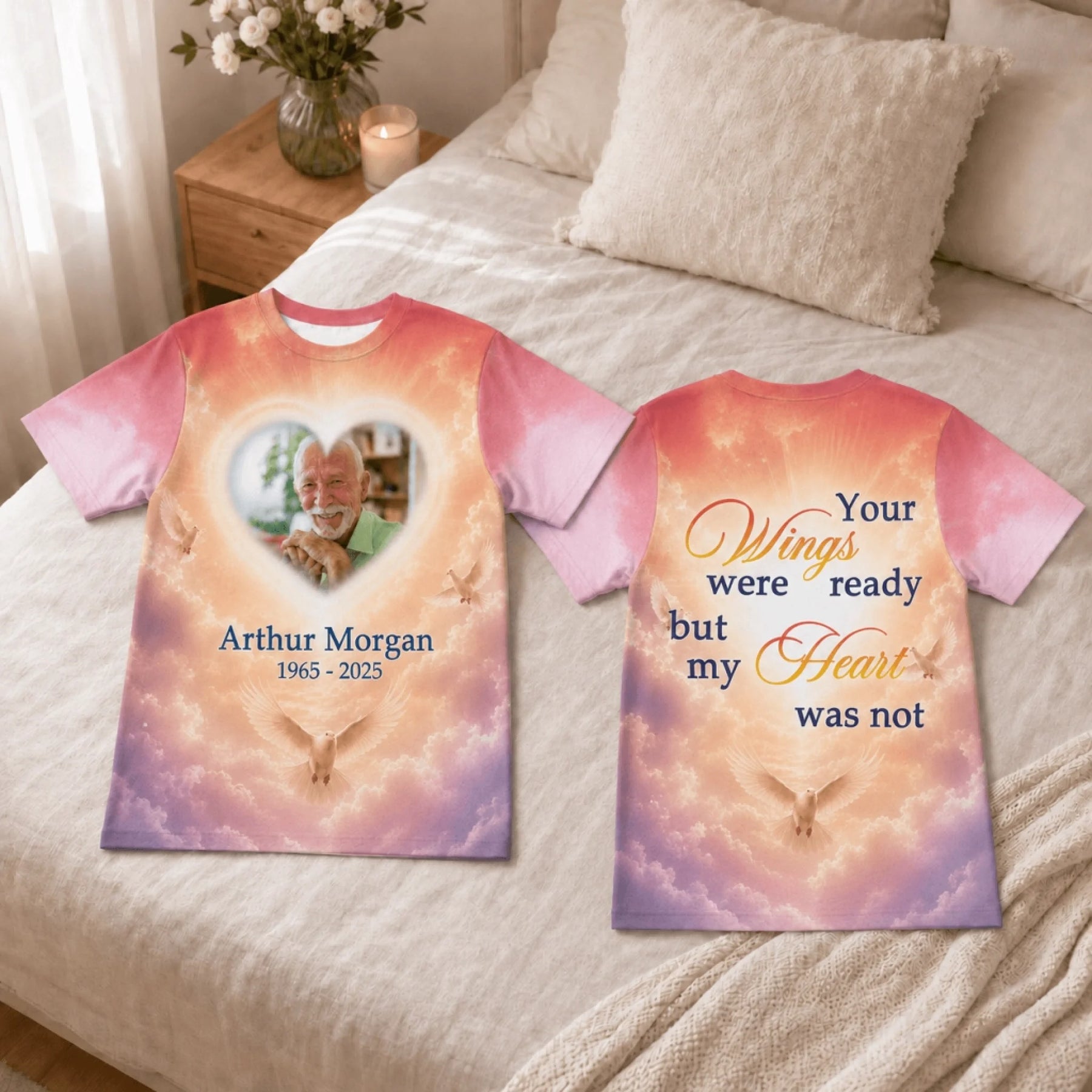 Custom memorial t-shirt with heart photo frame, doves, and sunset heaven theme, honoring a loved one's memory.