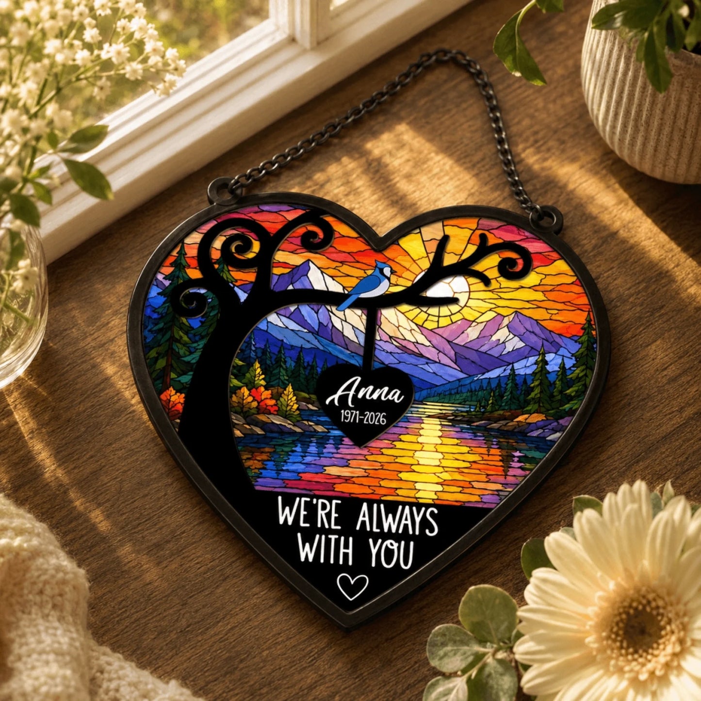 Heart shaped memorial acrylic suncatcher with a beautiful stained glass mountain landscape and a blue jay for sympathy gift.