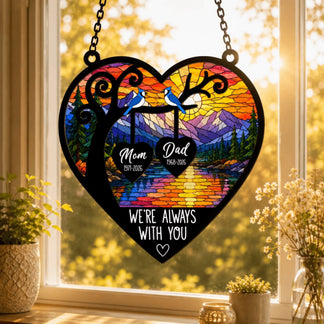 Custom memorial stained glass heart suncatcher with two blue jays, lake landscape, and personalized names and years for sympathy gift.