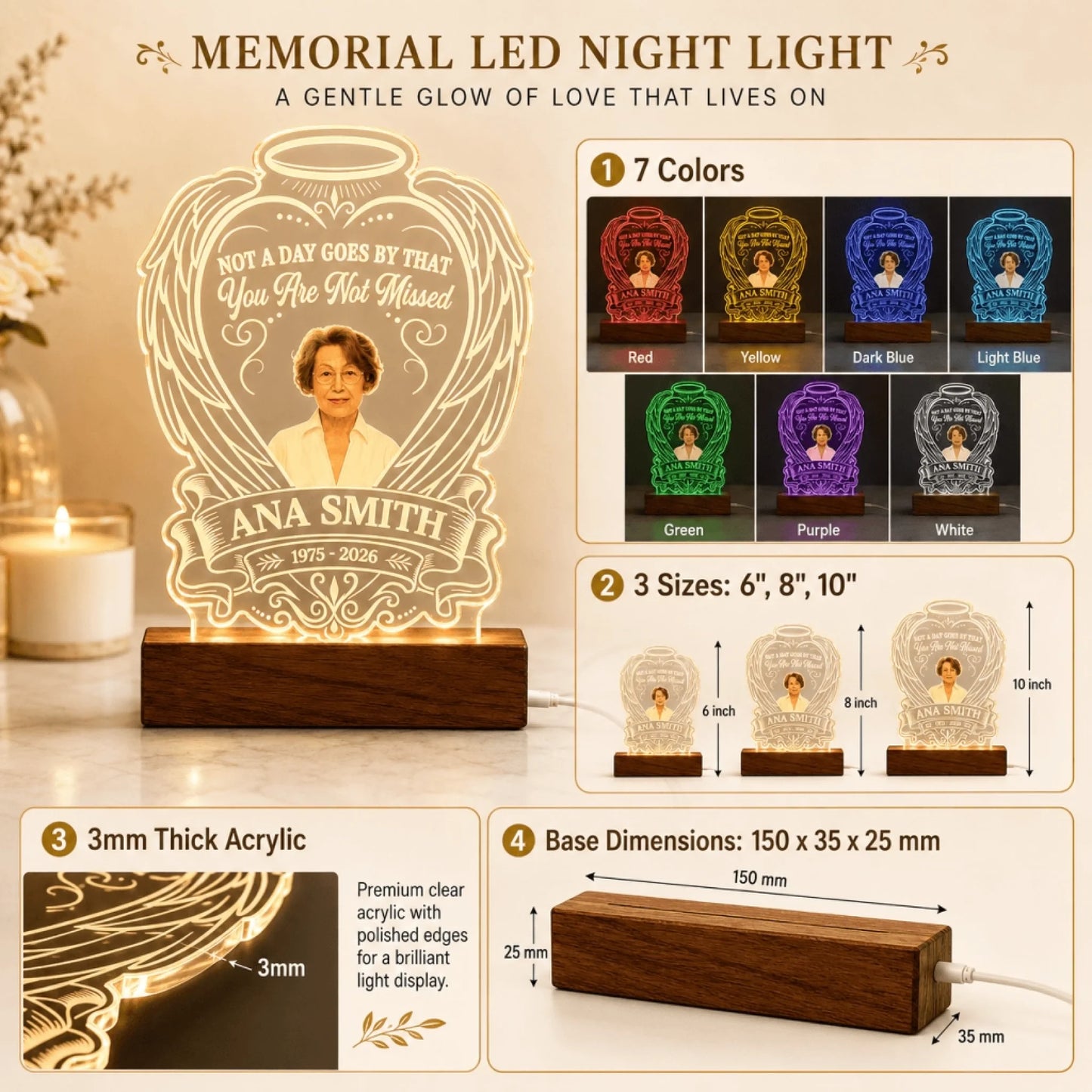 Technical infographic for memorial LED night light showing color options, size variants, and base dimensions.