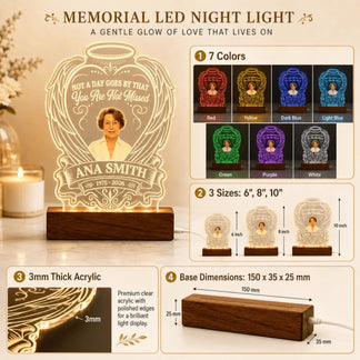 Technical infographic for memorial LED night light showing color options, size variants, and base dimensions.