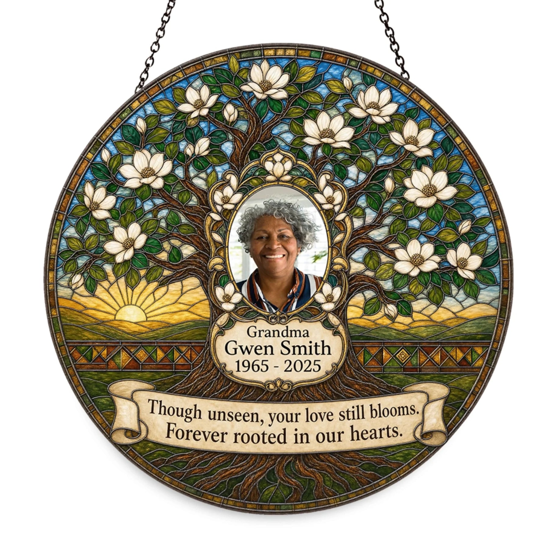 Custom memorial suncatcher featuring a stained glass style magnolia tree and personalized Grandma tribute text.