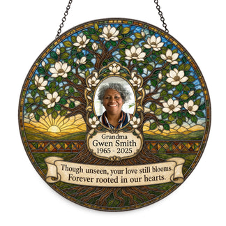 Custom memorial suncatcher featuring a stained glass style magnolia tree and personalized Grandma tribute text.