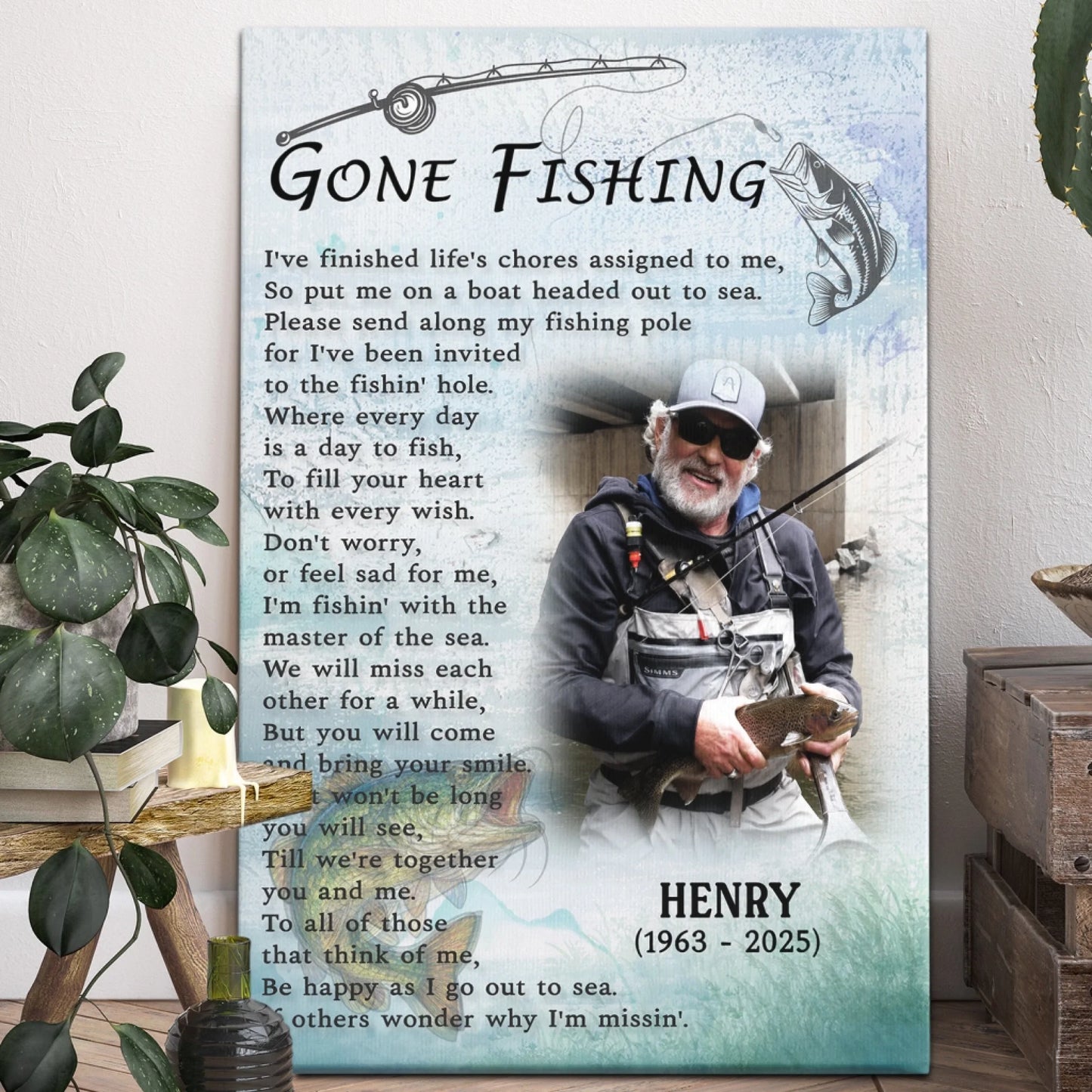 Memorial photo canvas with custom name and dates featuring a fishing theme as a heartfelt sympathy gift for family