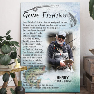 Memorial photo canvas with custom name and dates featuring a fishing theme as a heartfelt sympathy gift for family