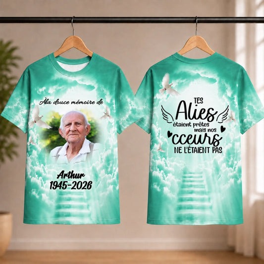 Custom memorial T-shirt featuring a photo of a loved one with heaven sky background and heartfelt sympathy tribute.