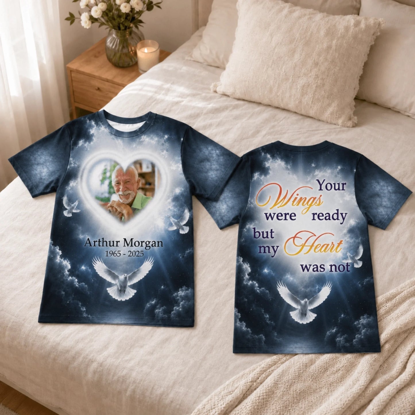 Sympathy memorial t-shirt featuring a heart-framed photo, doves, and inspirational text on a dark blue background.