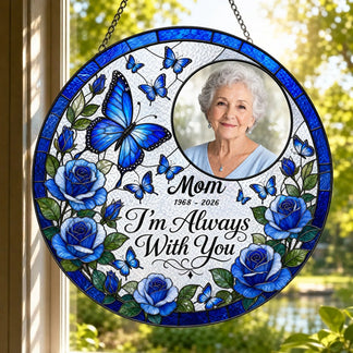 Stained glass memorial plaque for Mom with custom photo, blue floral accents, butterflies, and a sentimental quote.