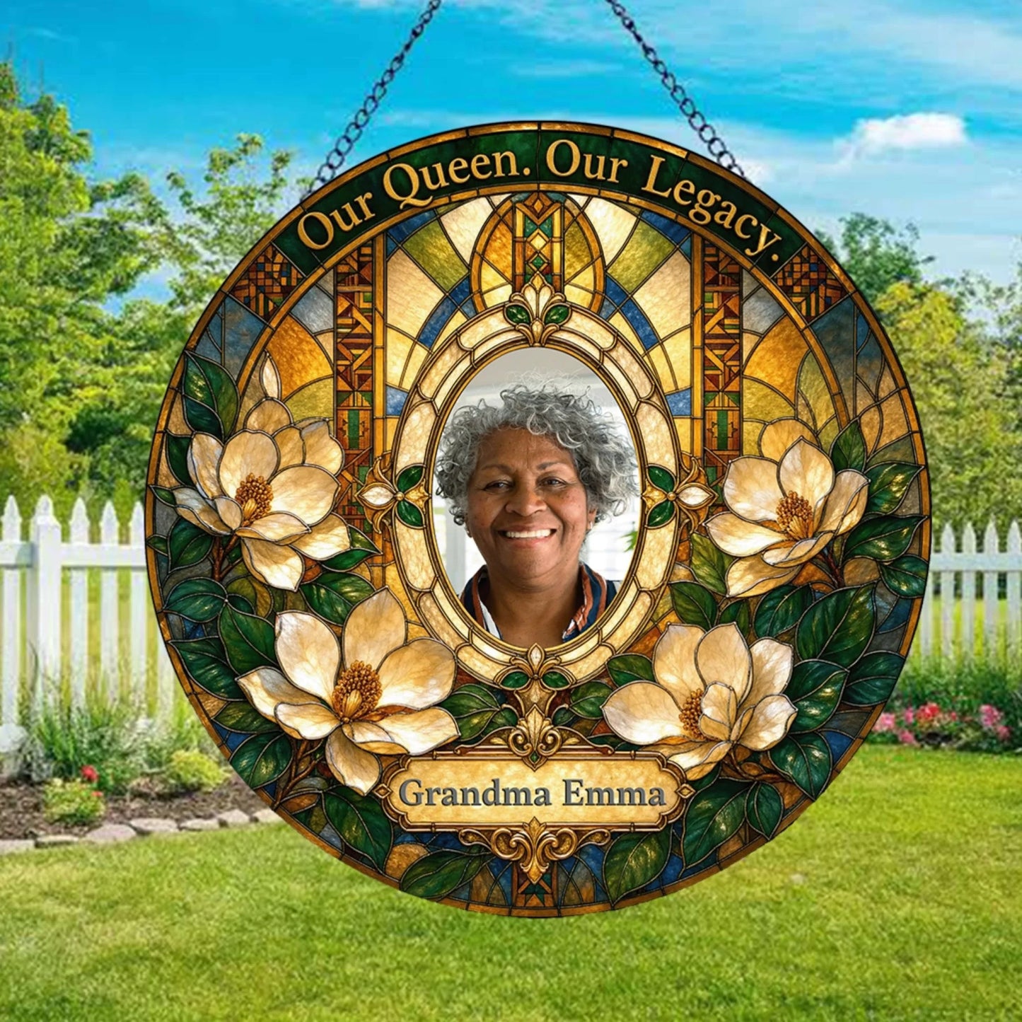 Personalized memorial stained glass ornament with floral accents and photo dedicated to Grandma Emma.