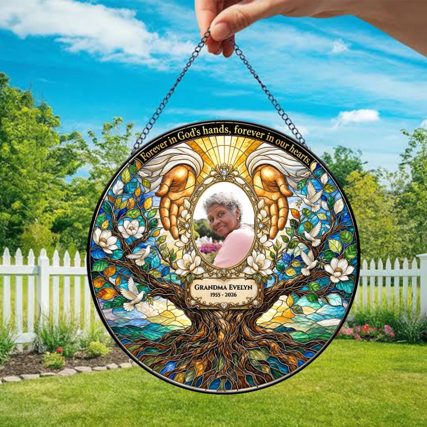 Round stained glass memorial suncatcher for Grandma Evelyn with custom photo and heartfelt sympathy quote in garden.
