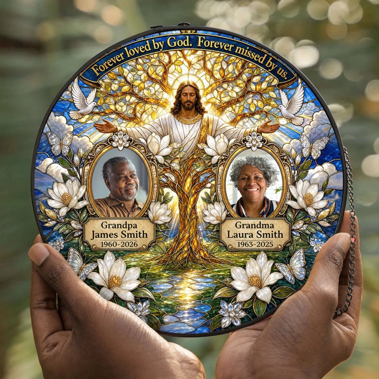 A beautiful memorial suncatcher featuring Jesus and customizable photos, names, and years for a heartfelt tribute.