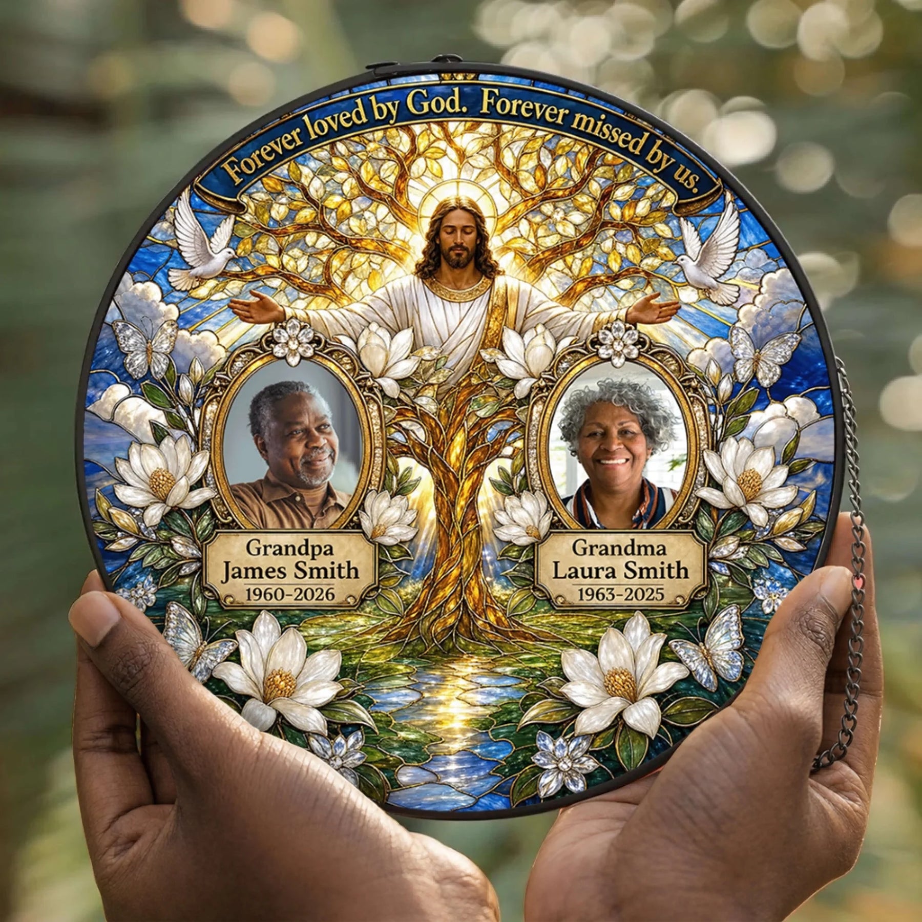 A beautiful memorial suncatcher featuring Jesus and customizable photos, names, and years for a heartfelt tribute.