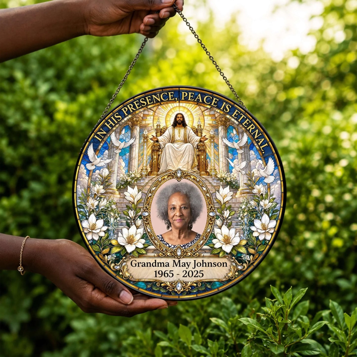 Beautiful religious memorial suncatcher with custom portrait and elegant floral border for celebrating a loved ones life.