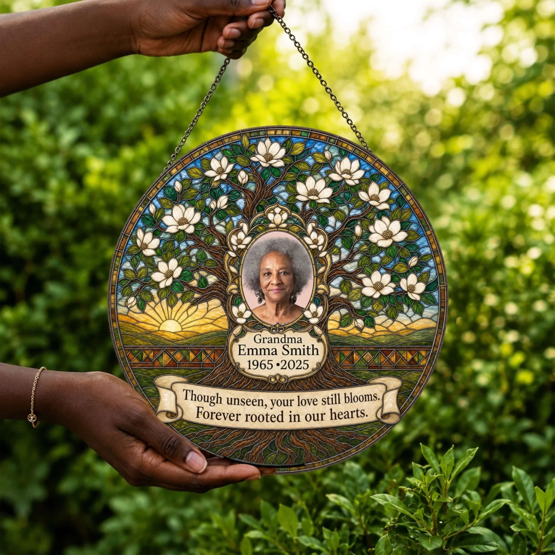 Personalized memorial suncatcher showing a vibrant tree with a custom portrait photo and dates as a thoughtful loss of mom gift.