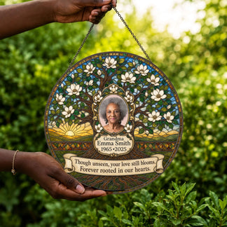 Personalized memorial suncatcher showing a vibrant tree with a custom portrait photo and dates as a thoughtful loss of mom gift.